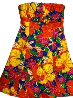 Mary L Couture Bright Yellow Strapless Dress with Floral Trim